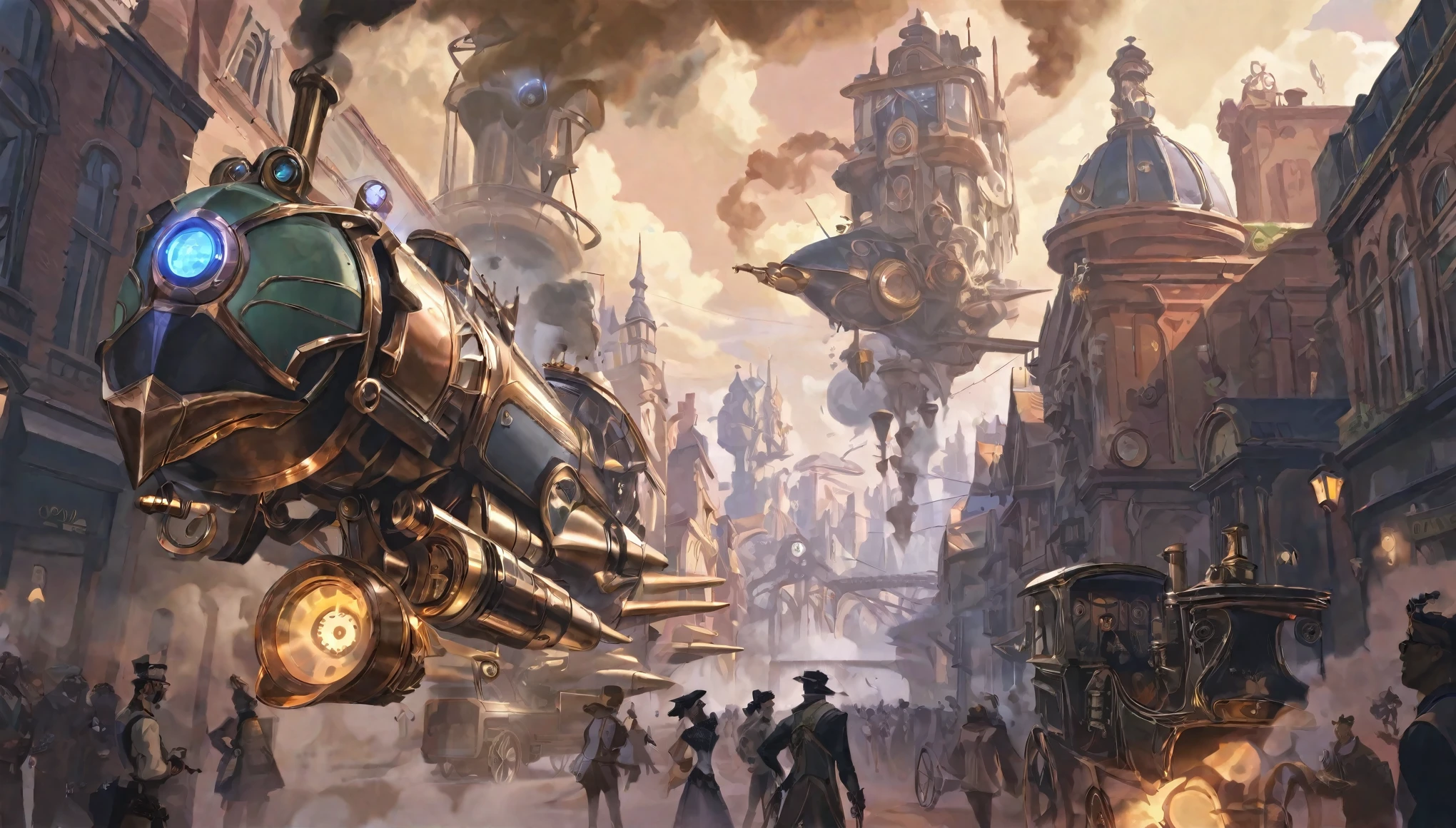 Best aesthetic, Valorant art, A breathtaking steampunk cityscape with towering buildings adorned with gears and steam pipes, airships floating in the sky, and a bustling street filled with people wearing Victorian-era attire with steampunk accessories. long shot, cinematic, depth of field