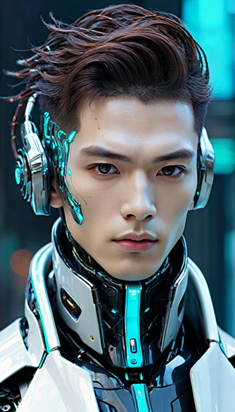 Character: An AI cyborg that clearly resembles a human but is clearly male with a symmetrical neck, attractive face, and stylish hair
Setting: Futuristic and exciting, with a cyberpunk aesthetic
Use colors and elements that convey a high-tech, near-future feel