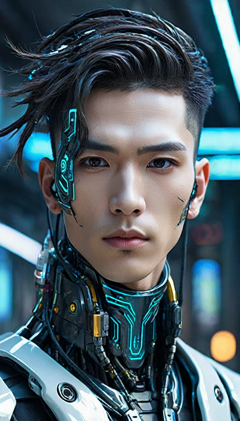 Character: An AI cyborg that clearly resembles a human but is clearly male with a symmetrical neck, attractive face, and stylish hair
Setting: Futuristic and exciting, with a cyberpunk aesthetic
Use colors and elements that convey a high-tech, near-future feel