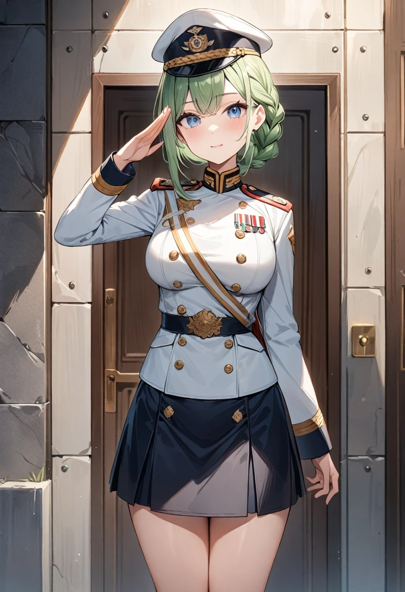 (masterpiece, top quality, very aesthetic, 4k、illustration), intricate detail, 1girl,Standing in front of a wall、(full body)、clear face、salute、(braid hair)、
Cute 、light green hair、,middle hair,sidelock ,,blue eye、Military uniform、Tight skirt、,medium breasts、Slim 、