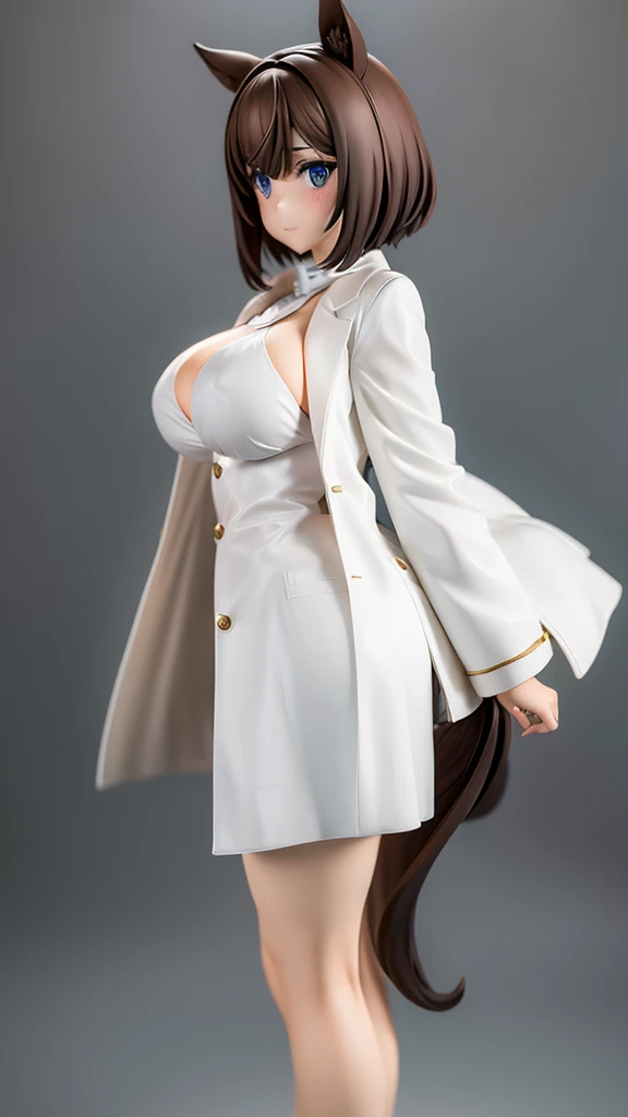 beautiful girl, Scientist, Horse ears and tail, Big Breasts, White big coat, Brown Hair, short hair-, No light in my eyes