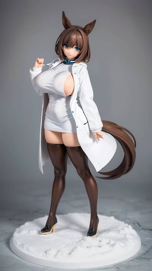 beautiful girl, Scientist, Horse ears and tail, Big Breasts, White big coat, Brown Hair, short hair-, No light in my eyes