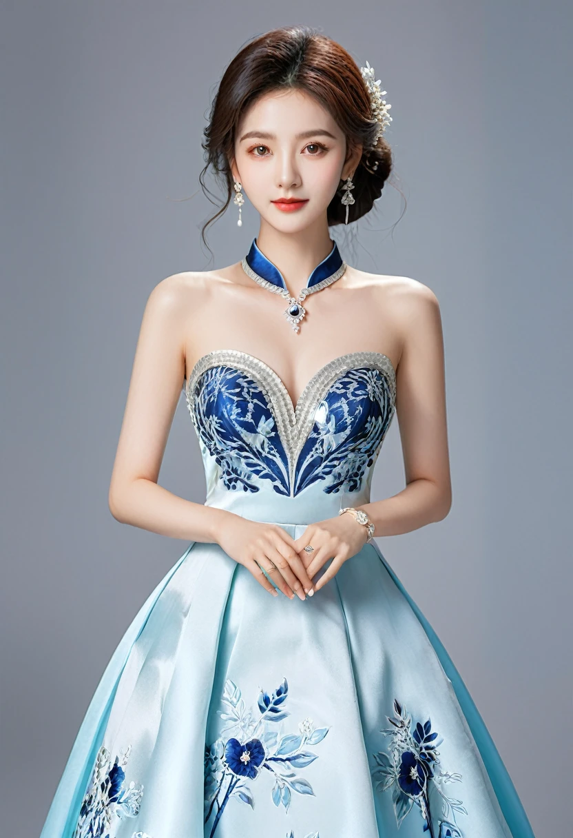 Realistic photo style, whole body 사진에 아름다운 아시아 소녀가 등장합니다., Wearing a unique ethnic style evening gown with delicate skin., bright and lively eyes, Thick eyelashes that look especially attractive. Long dresses are slim and elegant., Eye-catching silver jewelry and alcohol. The high-collar design adds an elegant atmosphere., Color of blue and white porcelain. using light and shadow, The vivid and harmonious appearance of the protagonist is highlighted... whole body, (masterpiece, best quality, professional, perfect composition, very aesthetic, absurd, very detailed, intricate details:1.3)