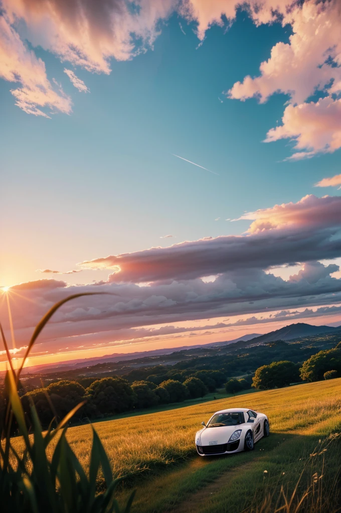 anime landscape of A pearl super Polar white pearl color classic audi r8 sits in a field of tall grass with a sunset in the background.beautiful anime scene, beautiful anime peace scene, Makoto Shinkai Cyril Rolando, beautiful anime scene, amazing wallpaper, anime art wallpaper 8k, anime background, artistic anime background, anime wallpaper 4k, anime art 4k wallpaper, anime wallpaper art 4k.