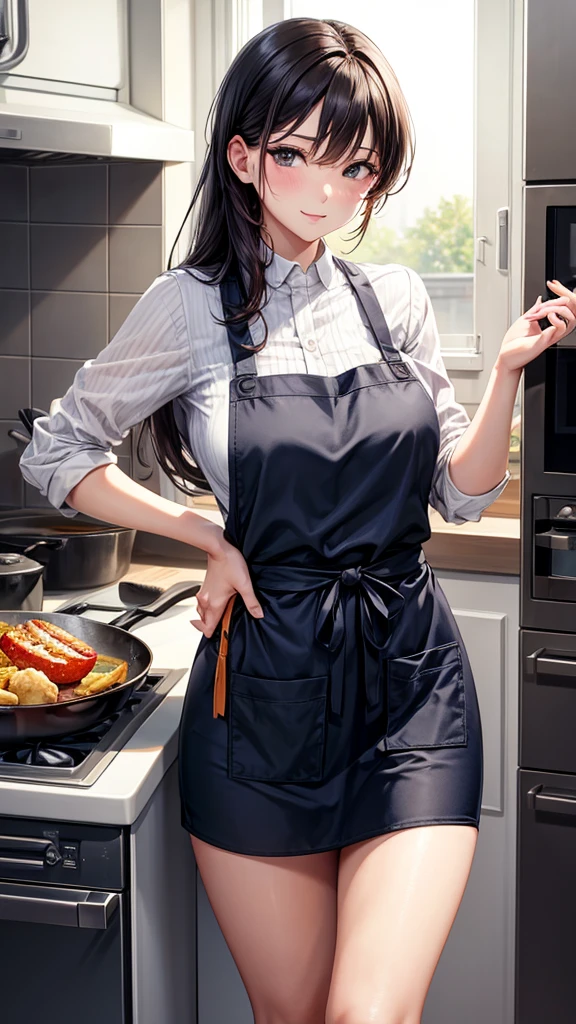 A sexy woman is wearing an apron and cooking with a frying pan。