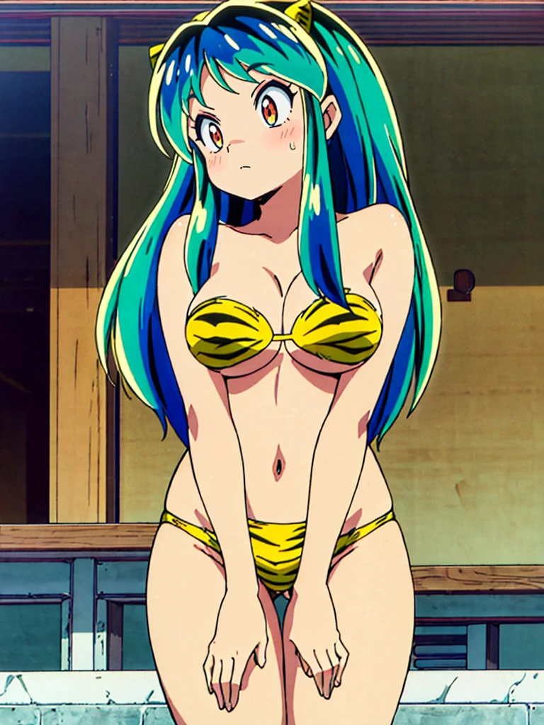 masterpiece, Highest quality, 1 Girl, Lum, Micro Bikini, Japan, High definition,  1980年代アニメstyle,  nose blush, mature, 18-year-old, looking away, looking down, come to stand at attention, view from front, green hair, light smile, style