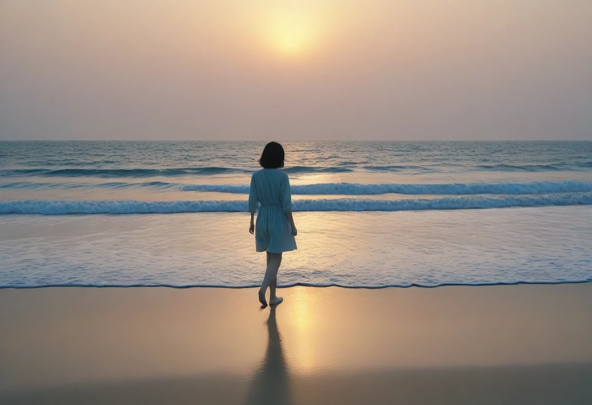 8K, Vivid picture quality, long deserted beach, woman with short and medium hair walking from far away, sunset의 붉은 빛, sunset, alone, afternoon, depressed, tide가 밀려온다, ocean, tide, wind, short korean girl, 잔잔한 tide