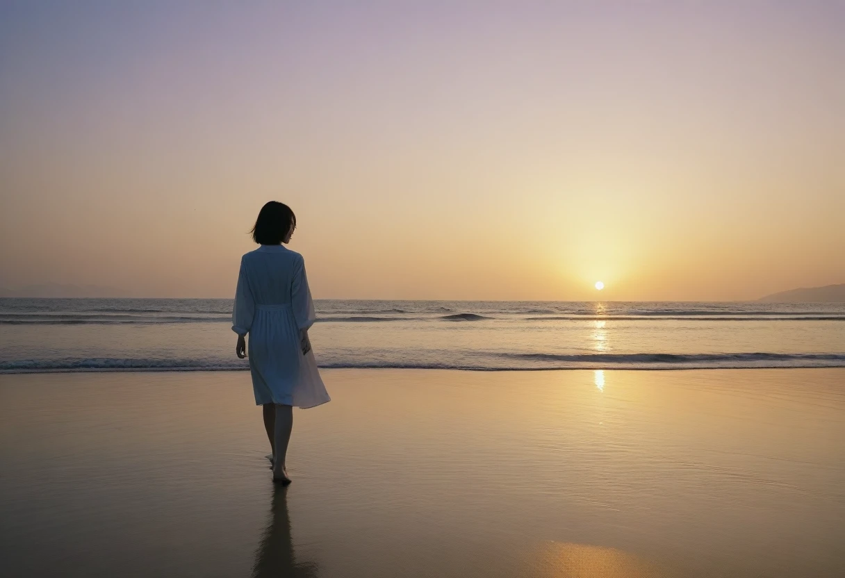 8K realistic, life-like photos, Realistic appearance of nature, , Woman walking along the beach at sunset. From a distance with a wide-angle lens , Front view of Asian woman wearing light skirt, burning sunset light, 1 woman, Short and thin haired
