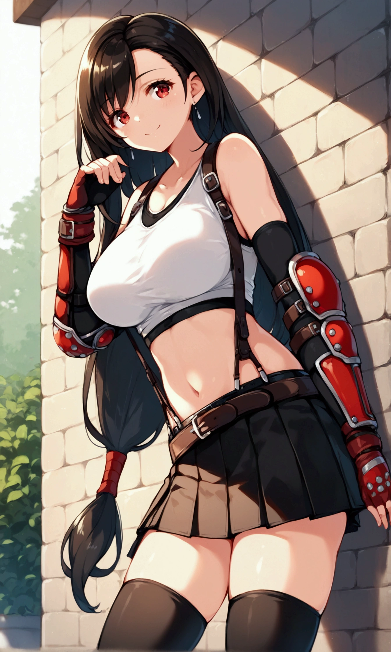 score_9, score_8_up, score_7_up,,BREAK , ,dynamicangle,,,,standing, upperbody,,Solo ,1girl, tifa lockhart, final fantasy, tareme,black hair, low-tied long hair, red eyes, bangs, (white tank top, belt, pleated skirt, thighhighs, elbow fingerless gloves, elbow pads, midriff, navel,suspender skirt) ,(large_breast),(light smile),(Balancing),daytime,outdoor,(ultra detailed),(best quality),(aesthetic,very aesthetic),UHD,extremely detailed CG unity 8k wallpaper,anime,depth of field,,leaning on wall