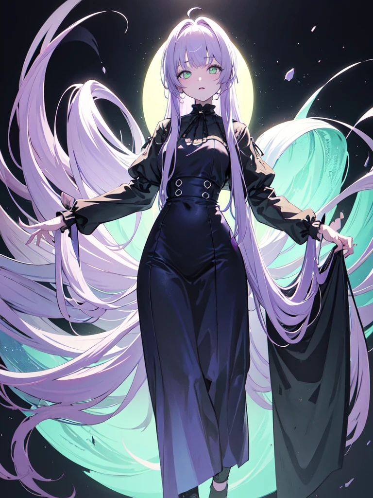 sketch (Character design sheet, same characters, whole body, Three-View, front, ~ ~ ~ side, return),(Very bright:1.1), White Background, [1 Girl:7], (Tilt your head:1.2), ([sketch|watercolor \(Moderate\)]:1.15),full body, Full bangs,(Full bangs, Straight bangs, The bangs are aligned diagonally), Gradient braided hair, (Light purple hair), (Ink blotches:1.1), (pale:1.2),(Light purple:1.2),(Light green:1.2)　and full body, Artistic elements add depth to the work. The overall atmosphere is creepy and nightmarish..., With a unique artistic touch. This movie is、The dark and crazy world of horror movies depicted in HD., Evoke visual stimuli and aesthetic sense, It will terrify and excite the audience....,watercolor画, （Lightless, Eyes without highlights, Evil Eye, A bad looking person with white eyes, It&#39;s a red eyeliner）,whole body絵, Wearing a maid outfit and （Mature face,tall, Wearing black tights,Green Eyes, The skin is hidden　and maid, The background is a dark and desolate landscape, Horror movie atmosphere. Her figure is extremely beautiful, Emphasizing the dark and crazy elements. Skillfully expressing the effects of light and shadow, detailed, The face and expression of the black costume are also carefully drawn.