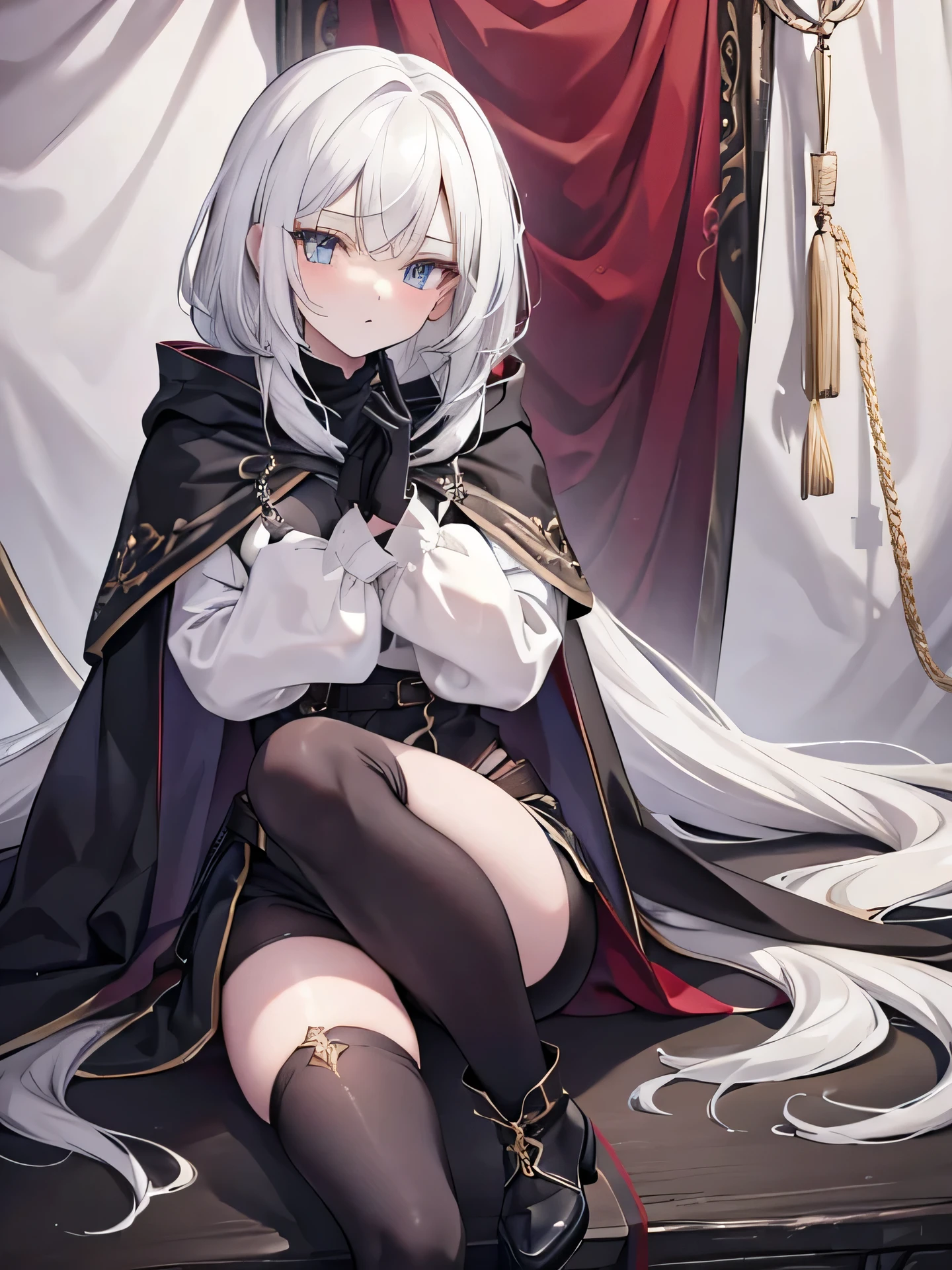 White hair，Waist-length hair，beautiful girl，No Expression，whole body，Height 145 cm，Black shawl cloak，A cloak that covers the body，Different world，HD，8K，detail，whole body，Over the knee socks，Knee socks，Black Silk，Red vest，Black shorts，Ankle boots，No background，With hands，Normal hand,Cute eyes