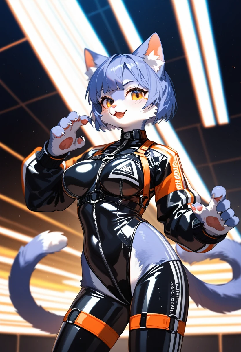 animation, Highest quality, Highest quality, High quality illustrations, masterpiece, Ultra-high resolution, Detailed Background, cyber-, Absurd, Perfect Anatomy, performance, Good lighting, Shadows in the movies(kemono, Furry PersonifiCation), Cat, Rubber suit, latex, neon, neonライト, neonカラー, Racing Suits, cyber-スーツ, Harness, Leather Half Jacket, cyber-パンク