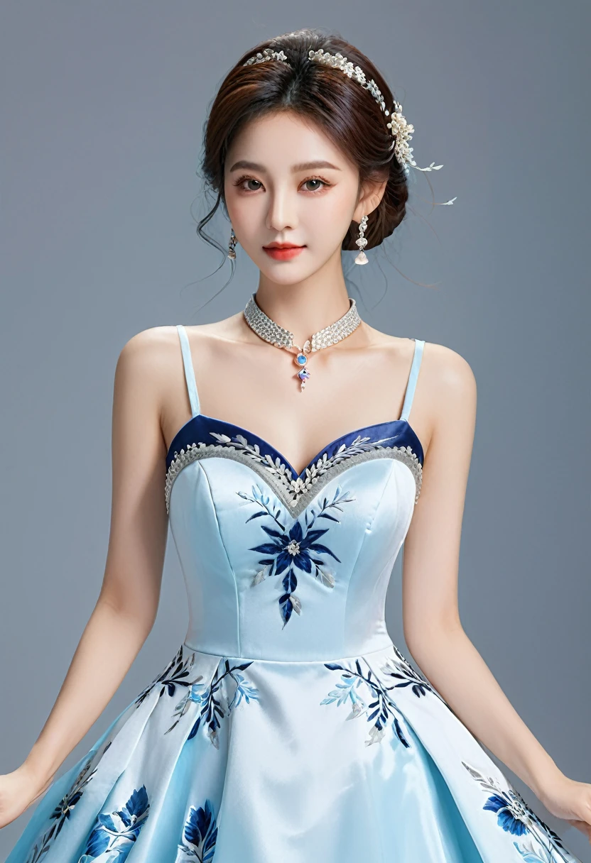Realistic photo style, whole body 사진에 아름다운 아시아 소녀가 등장합니다., Wearing a unique ethnic style evening gown with delicate skin., bright and lively eyes, Thick eyelashes that look especially attractive. Long dresses are slim and elegant., Eye-catching silver jewelry and alcohol. The high-collar design adds an elegant atmosphere., Color of blue and white porcelain. using light and shadow, The vivid and harmonious appearance of the protagonist is highlighted... whole body, (masterpiece, best quality, professional, perfect composition, very aesthetic, absurd, very detailed, intricate details:1.3)