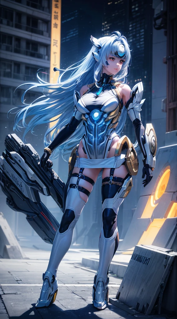 top-quality、​masterpiece、超A high resolution、(Photorealsitic:1.4)、1人、Light blue hair、Straight hair, shiny and clean hair、White shiny skin、Sexy Cyberpunk Girl、((super realistic details))、Shadow、octan render、ultrasharp、hyperdetailed face、Fiberglass、Luminous tube、highly intricate detail、Realistic light、CGSoation Trends、((Golden Eyes))、(Facing the camera)、neon detailechanical limbechanical vertebrae attached to the back、mechanical cervical attaching to neck、Wires and cables connecting to the head、((valkyrie))、((Beam Cannon))、Combat stance