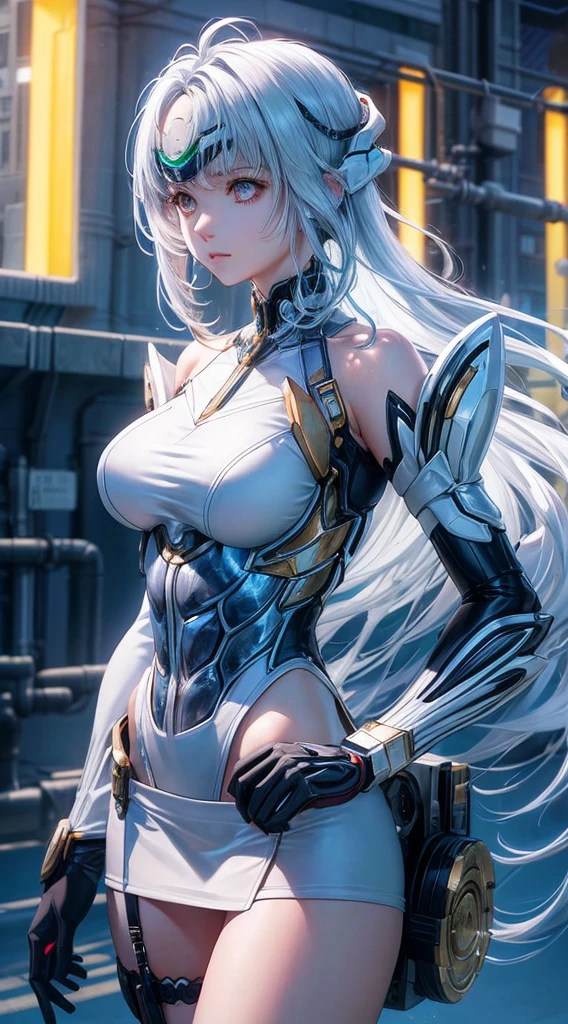top-quality、masterpiece、超A high resolution、(Photorealsitic:1.4)、1人、Light blue hair、Straight hair, shiny and clean hair、White shiny skin、Sexyberpunk Girl、((super realistic details))、Shadow、octan render、ultrasharp、hyperdetailed face、Fiberglass、Luminous tube、highly intricate detail、Realistic light、CGSoation Trends、((Golden Eyes))、(Facing the camera)、neon detailechanical limbechanical vertebrae attached to the back、mechanical cervical attaching to neck、Wires and cables connecting to the head、((valkyrie))、((Beam Cannon))、Combat stance