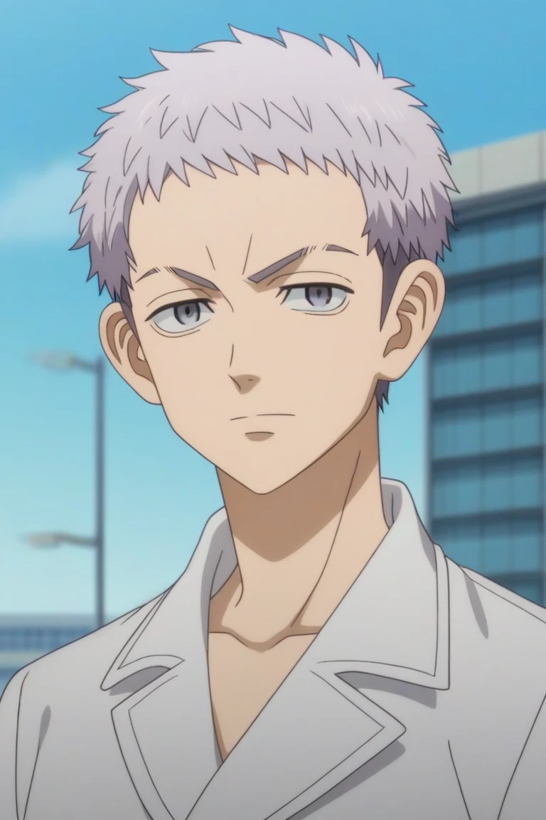 score_9, score_8_climb, score_7_climb, source_anime, การให้score_safe, complicated details, anime screencap, anime coloring, formal style, look at viewer, , 1 boy, alone, focus man, Takashi_Mizuya, gray hair, gray eyes, short hair, climbper body, harbor, In the building, lean back, talking, speaking, ,