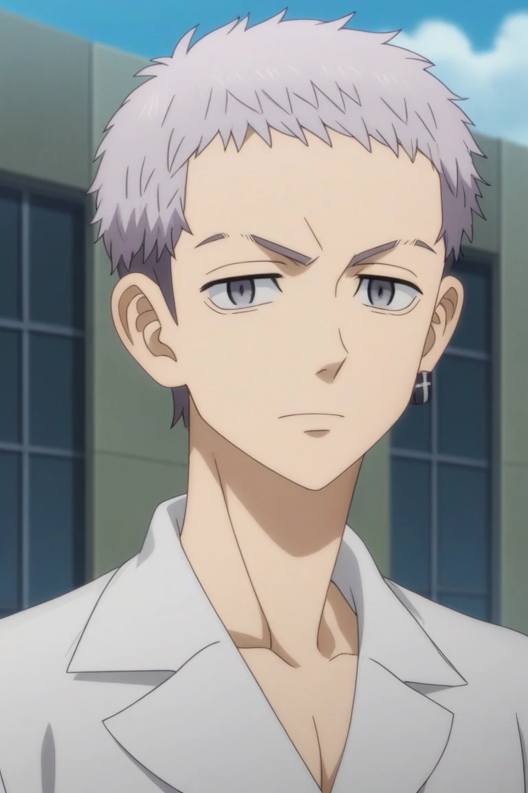 score_9, score_8_climb, score_7_climb, source_anime, การให้score_safe, complicated details, anime screencap, anime coloring, formal style, look at viewer, , 1 boy, alone, focus man, Takashi_Mizuya, gray hair, gray eyes, short hair, climbper body, harbor, In the building, lean back, talking, speaking, ,