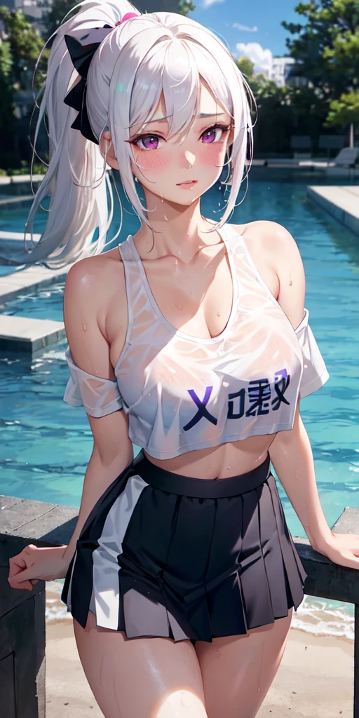 realistic, 1girl, ponytail, parted lips, blush, makeup, light smile, white hair, sportswear, skirt, wet clothes, glow, thighs, purple eye, bare shoulders, collarbone, narrow waist, sunbeam, sunlight, rose, wind, cleavage, (masterpiece), sweat,