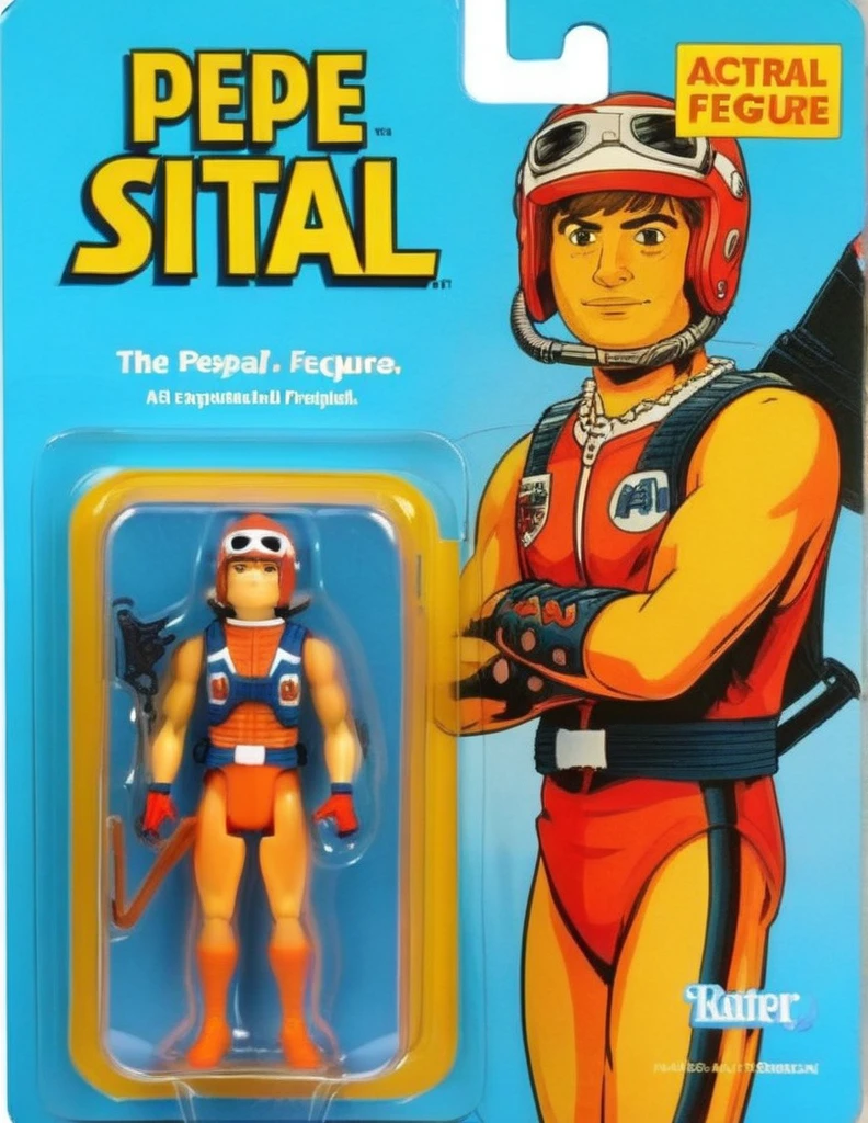 A meticulously detailed, photo-realistic image of a PEPESPAL action figure, packaged in a vibrant box. The packaging prominently features a cartoon illustration of PEPESPAL on one side, characterized by exaggerated features and a signature expression. Beside the cartoon, a clear window panel reveals the action figure, a precise replica, with distinct detailing and accurate coloring. The figure's attire mirrors PEPESPAL iconic suit and tie ensemble, complete with miniature accessories. The background of the box displays elements symbolic of  PEPESPAL presidency, subtly enhancing the collectible's thematic appeal 