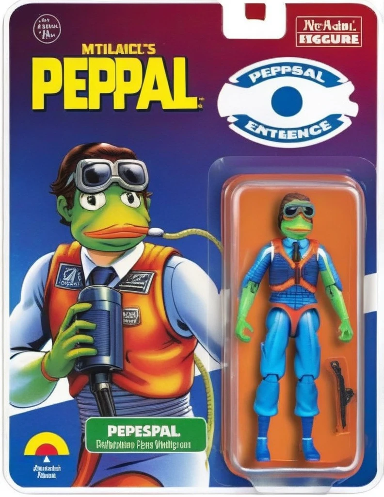 A meticulously detailed, photo-realistic image of a PEPESPAL action figure, packaged in a vibrant box. The packaging prominently features a cartoon illustration of PEPESPAL on one side, characterized by exaggerated features and a signature expression. Beside the cartoon, a clear window panel reveals the action figure, a precise replica, with distinct detailing and accurate coloring. The figure's attire mirrors PEPESPAL iconic suit and tie ensemble, complete with miniature accessories. The background of the box displays elements symbolic of PEPESPAL presidency, subtly enhancing the collectible's thematic appeal