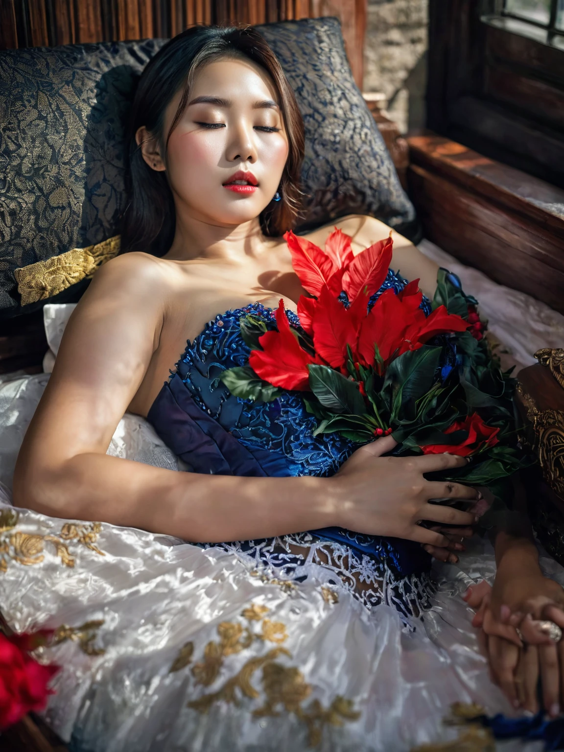 In a striking 8K HDR scene, a stunning Korean woman, 22 years old, lies peacefully in a black coffin surrounded by plush pillows. The deep box is set against a rich black background, accentuating the beauty of the subject. Her exquisite deep-V neckline kebaya attire is embroidered with superb detail, showcasing her round and firm breasts, perfect cleavage, and beautiful eyebrows. Her closed eyes and mouth give an air of serenity, while her visible and absolute cleavage leave nothing to imagination. The scene is bathed in saturated colors, highlighting every intricate aspect from the ball skirt to her clean face, straight body, detailed hand perfect hands, straight body, own hands together, own hand on stomach, detailed hands, perfect hands.