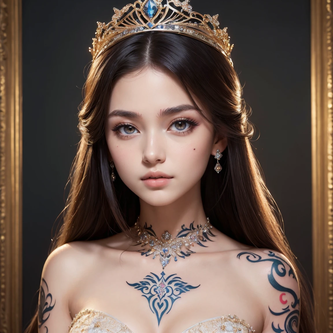 (masterpiece, best quality:1.5), ultra detailed, high resolution, 16k, the most beautiful face in the world, perfect face, delicate facial features, highly detailed beautiful face and eyes, shiny skin, highly detailed background, elaborately designed, fine cloth texture, BREAK, (gorgeous and stunning teenage princess in gorgeous and luxurious princess dress:1.3), perfect make-up, eyeshadow, lash extensions, rouge, deeply in love, full of elegance, (face mysterious tattoo:1.3)