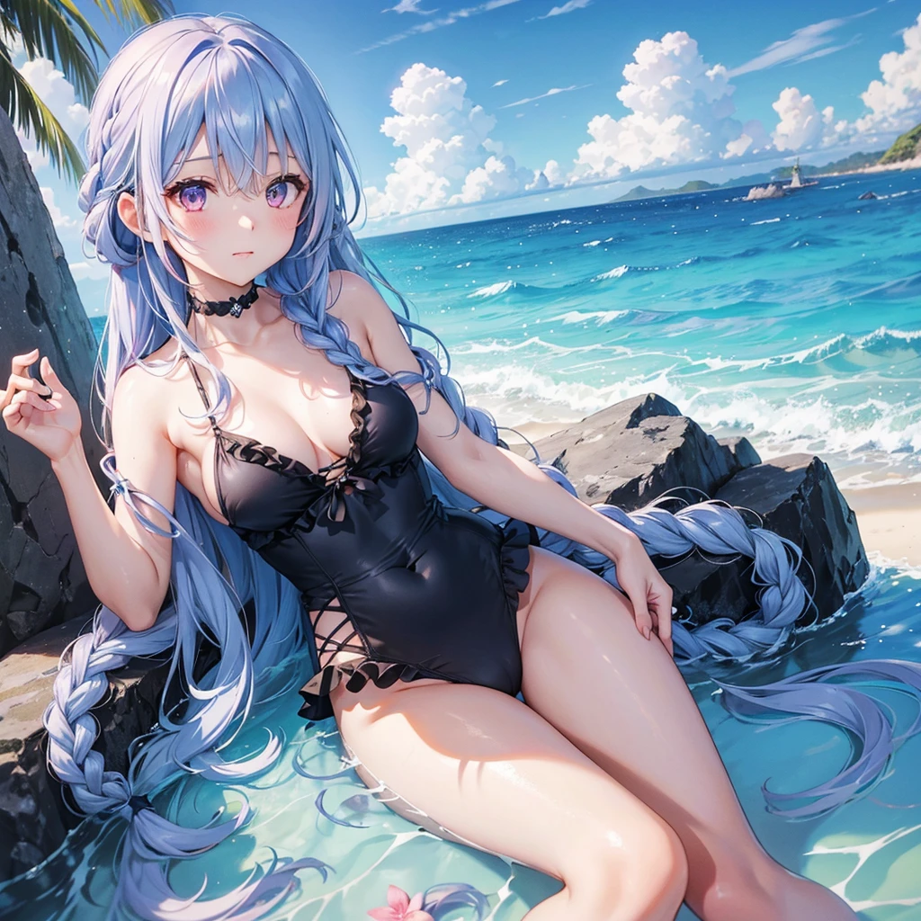 (Sky blue medium hair),(Braided hair tied together)、Pink eyes、Fair skin、(whole body)、(One Girl)、Black frilly swimsuit、Shining white sand beach in midsummer、Okinawa's ocean、A big smile、、(masterpiece、Highest quality、Very detailed、Best Shadow)、(Detailed Background)、(Beautifully detailed face)、High contrast、(Best lighting、Very delicate and beautiful)、((Cinematic Light))、colorful、Hyper Detail、Dramatic Light、Exquisite detail、Girl sitting