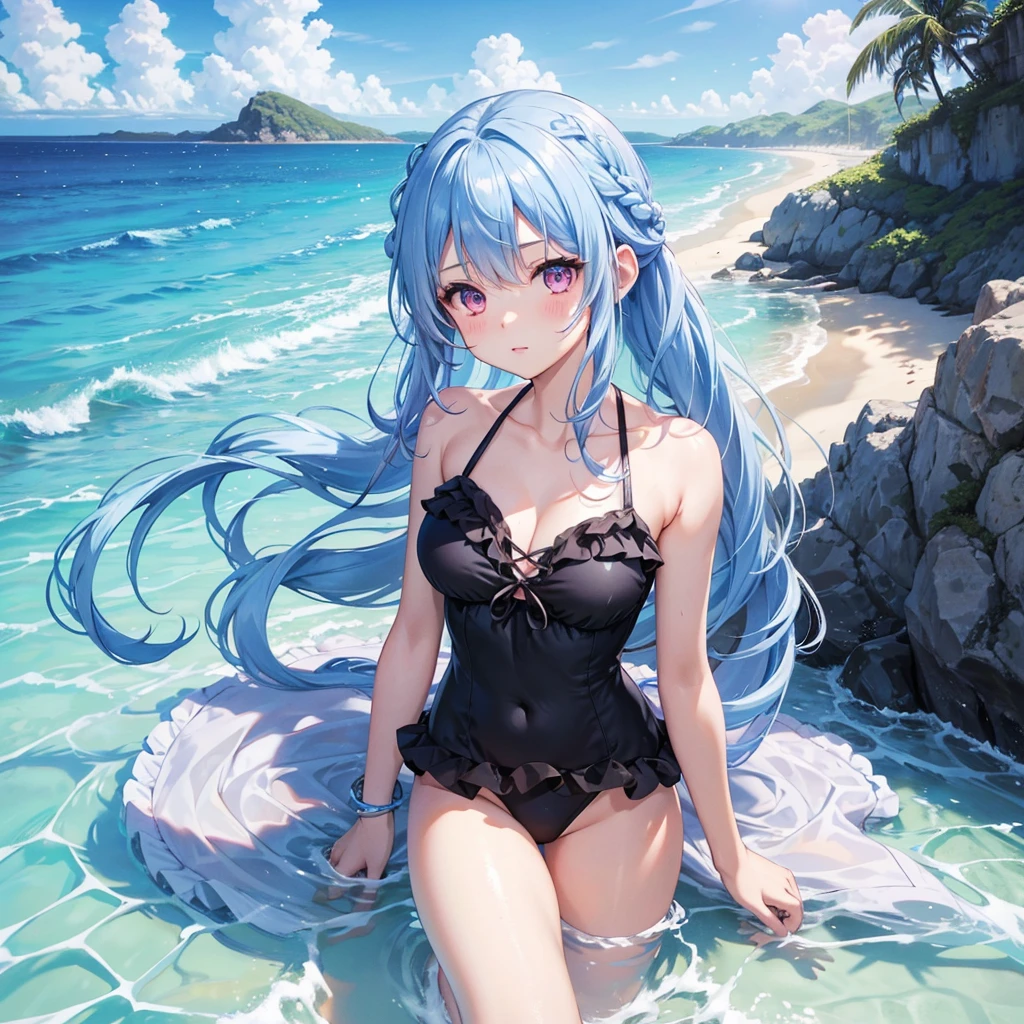 (Sky blue medium hair),(Braided hair tied together)、Pink eyes、Fair skin、(whole body)、(One Girl)、Black frilly swimsuit、Shining white sand beach in midsummer、Okinawa&#39;s ocean、A big smile、、(masterpiece、Highest quality、Very detailed、Best Shadow)、(Detailed Background)、(Beautifully detailed face)、High contrast、(Best lighting、Very delicate and beautiful)、((Cinematic Light))、colorful、Hyper Detail、Dramatic Light、Exquisite detail、Girl sitting