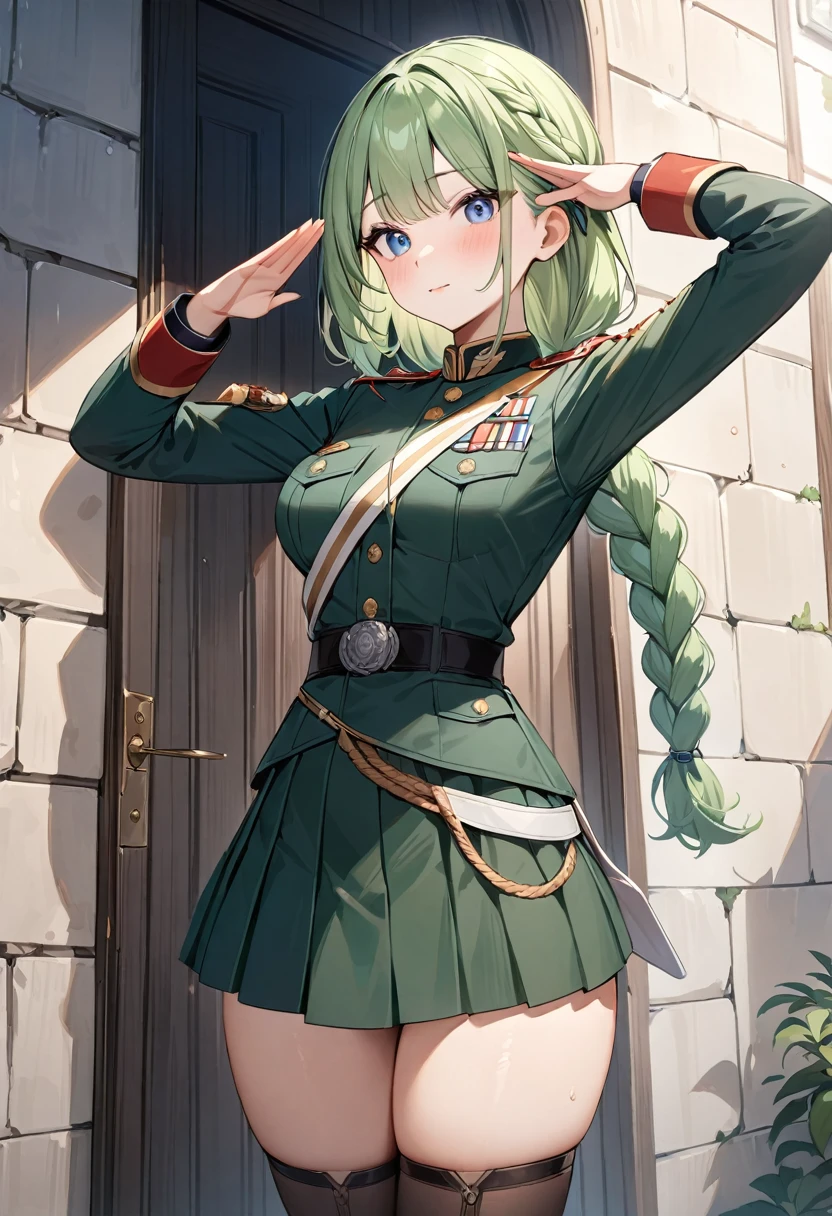 (masterpiece, top quality, very aesthetic, 4k、illustration), intricate detail, 1girl,Standing in front of a wall、(cowboy shot)、clear face、salute、(braid hair)、
Cute 、light green hair、,middle hair,sidelock ,,blue eye、Military uniform、Tight skirt、,medium breasts、Slim 、