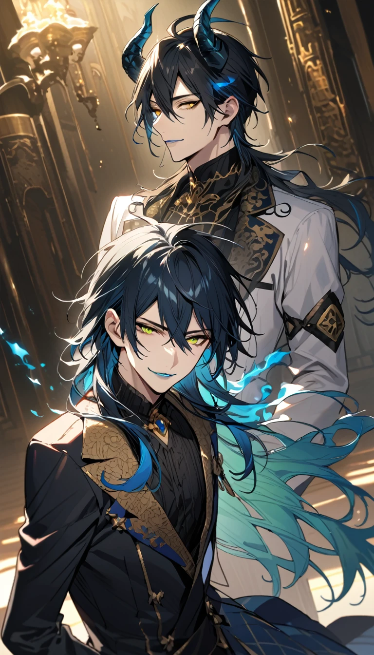 (pieces fly), (highest quality), very detailed, ((two men)), perfect face, beautiful face, very detailed face,full body shot, (black haired man:1.3),(blue haired man:1.3),suit,shirt,smile,flower, (1st boy,Idia Shroud, bishounen, boy, male, extremely long hair, blue hair, blue fire hair, wavy hair, yellow eyes, tired expression, blue lips, handsome, skinny, geeky, blue glow, shark teeth,) (2nd boy, malleus draconia \(twisted wonderland\) horns, bishounen, boy, male, long hair, black hair, yellow green eyes, smile, gray lips, handsome, skinny, tall, yellow green glow,) Two men are hugging each,