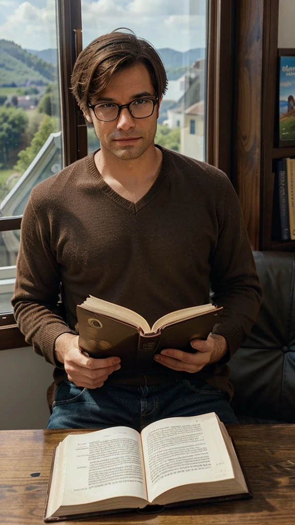 I want you to generate an image of a man wearing glasses with medium brown hair and brown eyes reading a book in a room with a window in the background with a beautiful landscape
