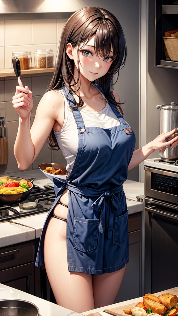 A sexy woman is cooking in an apron and holding a frying pan。