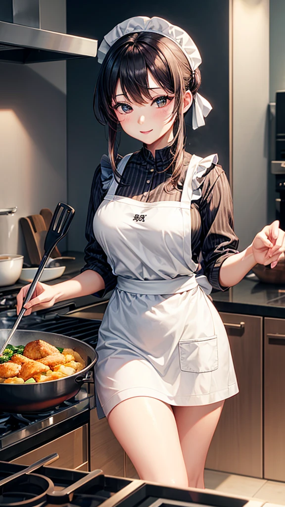 A sexy woman is cooking in an apron and holding a frying pan。