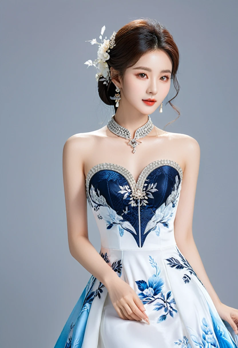 Realistic photo style, whole body 사진에 아름다운 아시아 소녀가 등장합니다., Wearing a unique ethnic style evening gown with delicate skin., bright and lively eyes, Thick eyelashes that look especially attractive. Long dresses are slim and elegant., Eye-catching silver jewelry and alcohol. The high-collar design adds an elegant atmosphere., Color of blue and white porcelain. using light and shadow, The vivid and harmonious appearance of the protagonist is highlighted... whole body, (masterpiece, best quality, professional, perfect composition, very aesthetic, absurd, very detailed, intricate details:1.3)