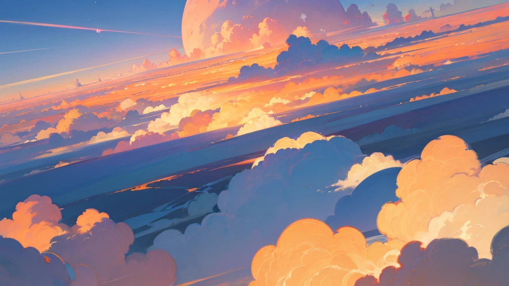 (masterpiece, highest quality:1.2), highest quality, masterpiece, high resolution, anime style, Skyscape, ultra detailed, Skyscape illustration, realistic, super wide sky, sky as far as the eye can see, morning glow, Orange-tinged gradient sky, Telephone poles penetrating the clouds, Large number of poles, Unrealistic, horizon, morning sky, coverd in the cloud, The Land of Clouds, (Shinkai Makoto style:0.5)
