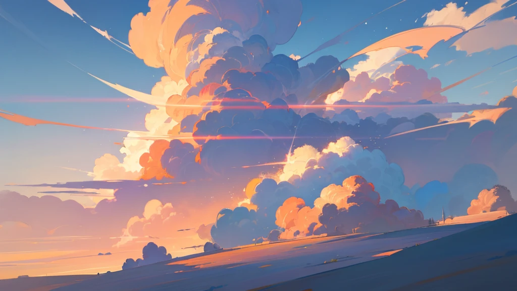 (masterpiece, highest quality:1.2), highest quality, masterpiece, high resolution, anime style, Skyscape, ultra detailed, Skyscape illustration, realistic, super wide sky, sky as far as the eye can see, morning glow, Orange-tinged gradient sky, Telephone poles penetrating the clouds, Large number of poles, Unrealistic, horizon, morning sky, coverd in the cloud, The Land of Clouds, (Shinkai Makoto style:0.5)
