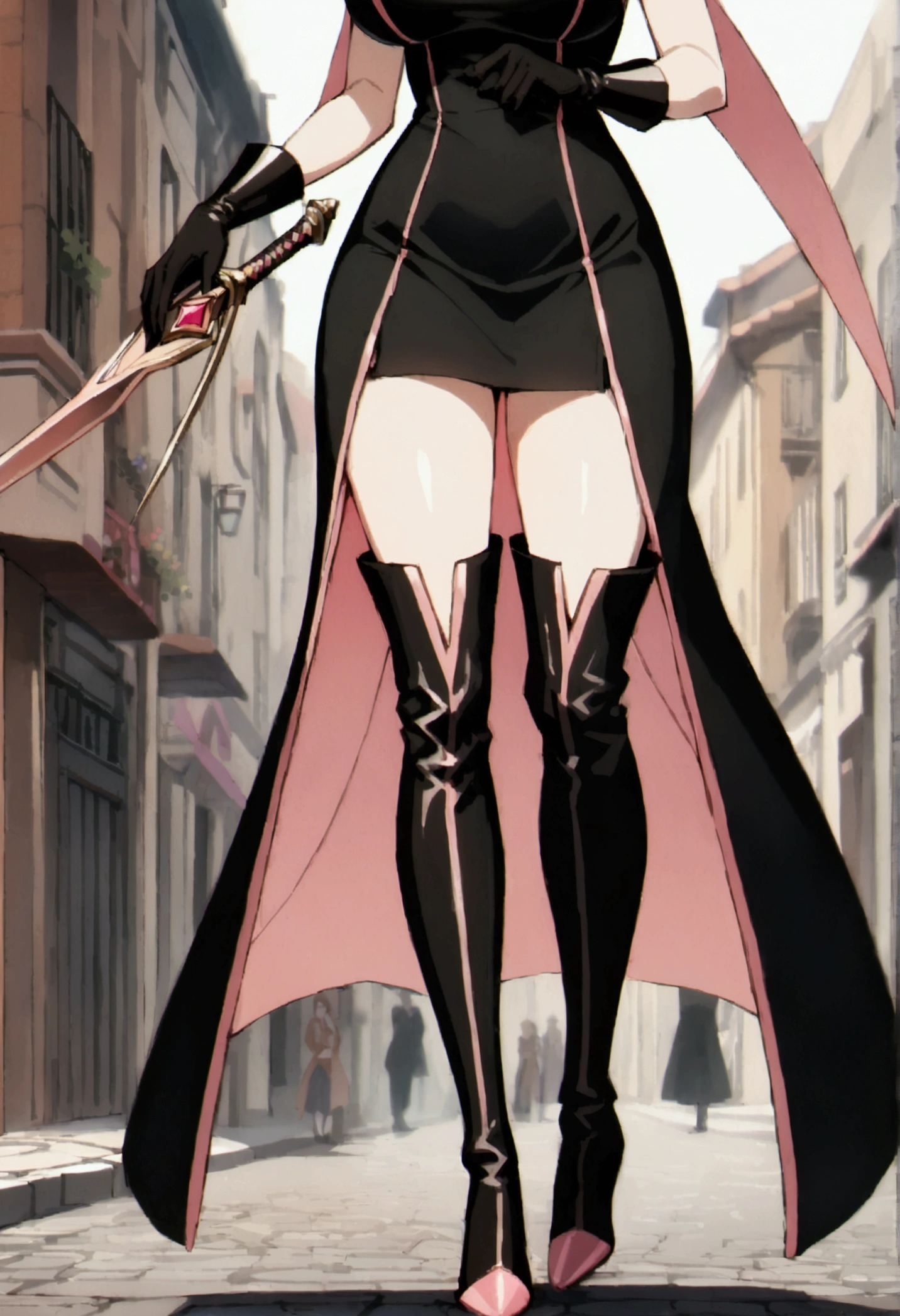 perfect and beautiful face, beautiful girl in black and pink pointed toe stiletto knee high boots, standing on street with sword in her hands ,, leatgher gloves on, big breasts and buts