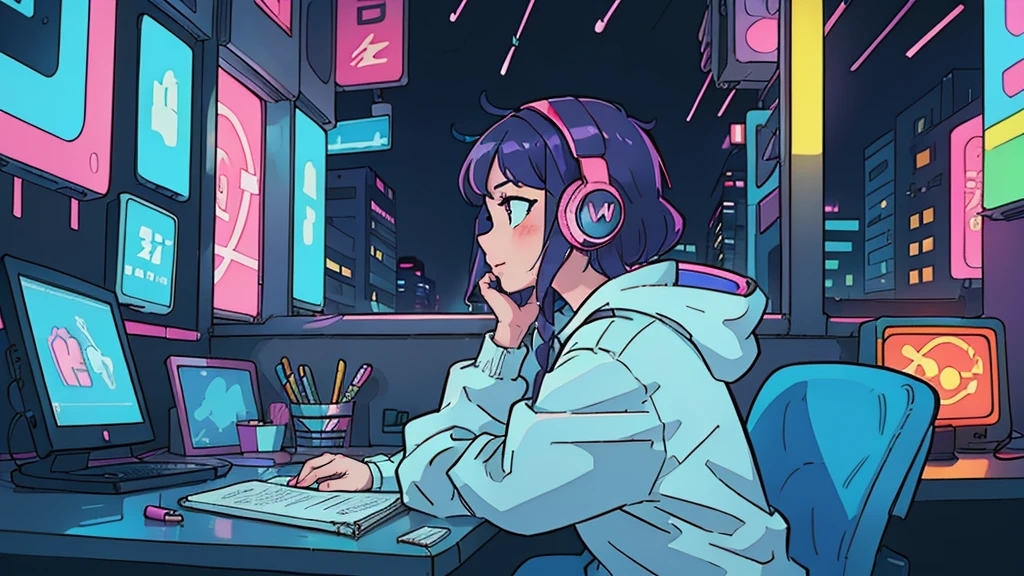 (masterpiece), (Best illustrations), Winds of the 90s,Retro、Colorful Cyberpunk、Girl studying at desk,profile, Put on your headphones, Night Light, Neon scenery on a rainy day seen from the window, Girl's Room,Barely, Black Stockings、The inside color is pink,Emo,Night view, Night Light, Lo-fi hip hop, Desktop PC, Ring lighting,(masterpiece), (highest quality), (Vaporwave Style), (Ultra-detailed), (Best illustrations), (Best Shadow),Perfect lighting, Bright colors,fashionable