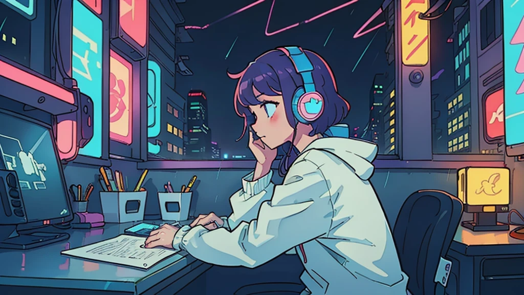 (masterpiece), (Best illustrations), Winds of the 90s,Retro、Colorful Cyberpunk、Girl studying at desk,profile, Put on your headphones, Night Light, Neon scenery on a rainy day seen from the window, Girl's Room,Barely, Black Stockings、The inside color is pink,Emo,Night view, Night Light, Lo-fi hip hop, Desktop PC, Ring lighting,(masterpiece), (highest quality), (Vaporwave Style), (Ultra-detailed), (Best illustrations), (Best Shadow),Perfect lighting, Bright colors,fashionable