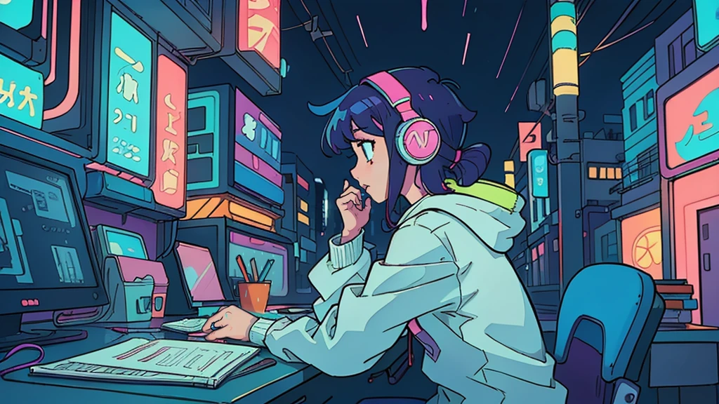 (masterpiece), (Best illustrations), Winds of the 90s,Retro、Colorful Cyberpunk、Girl studying at desk,profile, Put on your headphones, Night Light, Neon scenery on a rainy day seen from the window, Girl's Room,Barely, Black Stockings、The inside color is pink,Emo,Night view, Night Light, Lo-fi hip hop, Desktop PC, Ring lighting,(masterpiece), (highest quality), (Vaporwave Style), (Ultra-detailed), (Best illustrations), (Best Shadow),Perfect lighting, Bright colors,fashionable
