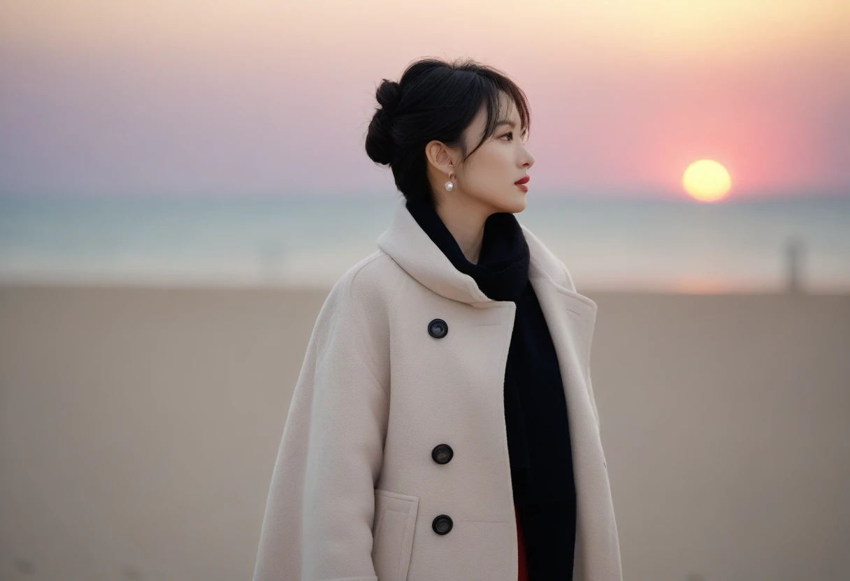 8K, 超high resolution, best quality, masterpiece, 1 woman, (36 years old:1.3), Korean woman,(wearing a long winter coat and scarf、Thin black double sided updo :1.5)、(The woman turned around with a very sad expression., 겨울 해변에서 바람에 휘날리는 short medium hair 그녀의 머리카락:1.5)、(blurred background:1.5)、(red sky at sunset:1.5)、(complete anatomy:1.5) (full finger:1.3)、realistic、Life drawing、high resolution、beautiful details、((thin legs))、Super cute supermodel, red light of sunset, light and shadow, short medium hair,1 female camera 16-35 wide angle lens, Full body shot walking on the beach