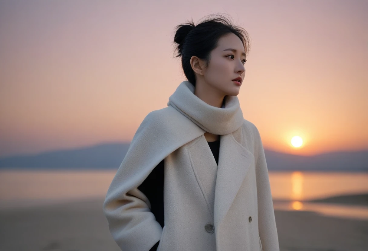 8K, 超high resolution, best quality, masterpiece, 1 woman, (36 years old:1.3), Korean woman,(wearing a long winter coat and scarf、Thin black double sided updo :1.5)、(The woman turned around with a very sad expression., 겨울 해변에서 바람에 휘날리는 short medium hair 그녀의 머리카락:1.5)、(blurred background:1.5)、(red sky at sunset:1.5)、(complete anatomy:1.5) (full finger:1.3)、realistic、Life drawing、high resolution、beautiful details、((thin legs))、Super cute supermodel, red light of sunset, light and shadow, short medium hair,1 female camera 16-35 wide angle lens, Full body shot walking on the beach