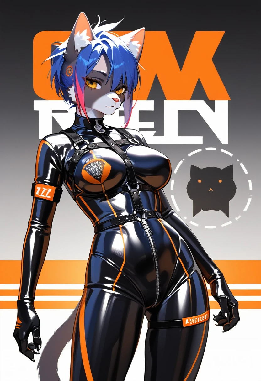 animation, Highest quality, Highest quality, High quality illustrations, masterpiece, Ultra-high resolution, Detailed Background, In town, Absurd, Perfect Anatomy, performance, Good lighting, Shadows in the movies(kemono, Furry PersonifiCation), Cat, Rubber suit, latex, neon, neonライト, neonカラー, Racing Suits, Cyber Suit, Harness, Leather Half Jacket, cyber punk