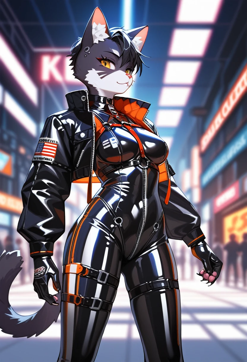 animation, Highest quality, Highest quality, High quality illustrations, masterpiece, Ultra-high resolution, Detailed Background, In town, Absurd, Perfect Anatomy, performance, Good lighting, Shadows in the movies(kemono, Furry PersonifiCation), Cat, Rubber suit, latex, neon, neonライト, neonカラー, Racing Suits, Cyber Suit, Harness, Leather Half Jacket, cyber punk
