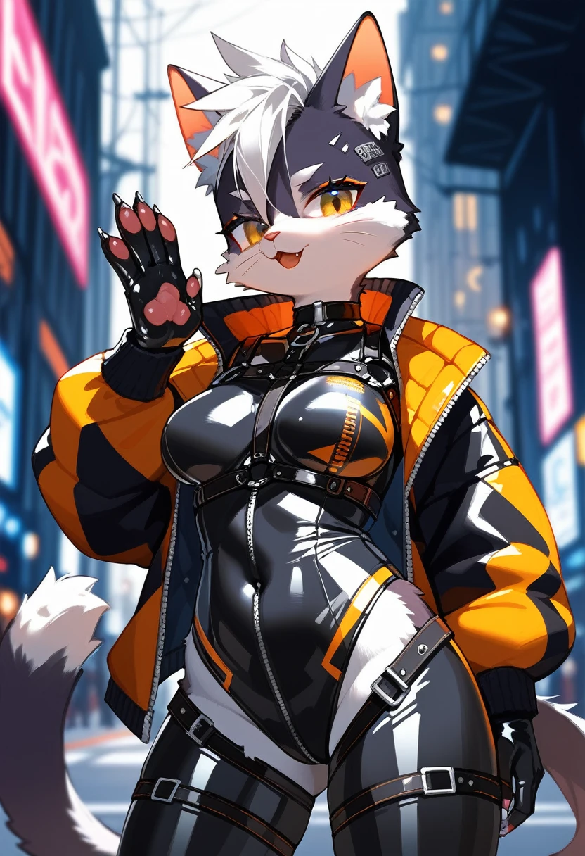 animation, Highest quality, Highest quality, High quality illustrations, masterpiece, Ultra-high resolution, Detailed Background, In town, Absurd, Perfect Anatomy, performance, Good lighting, Shadows in the movies(kemono, Furry PersonifiCation), Cat, Rubber suit, latex, neon, neonライト, neonカラー, Racing Suits, Cyber Suit, Harness, Leather Half Jacket, cyber punk