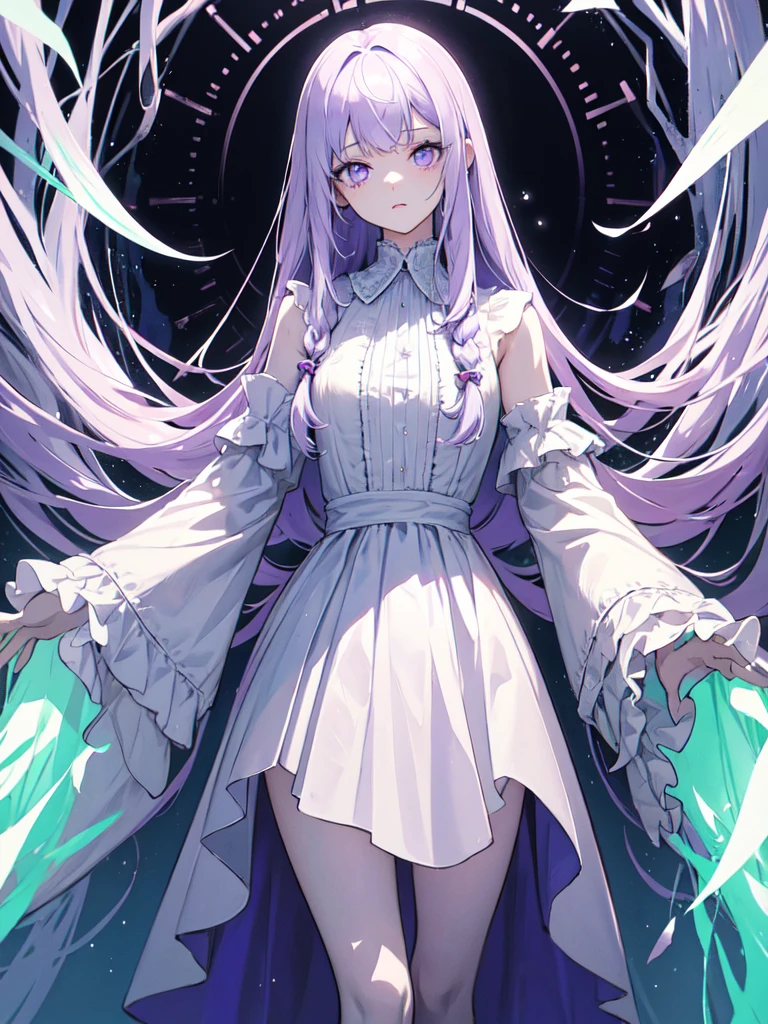 sketch (Character design sheet, same characters, whole body, Three-View, front, ~ ~ ~ side, return),(Very bright:1.1), White Background, [1 Girl:7], (Tilt your head:1.2), ([sketch|watercolor \(Moderate\)]:1.15),full body, Full bangs,(Full bangs, Straight bangs, The bangs are aligned diagonally), Gradient braided hair, (Light purple hair), (Ink blotches:1.1), (pale:1.2),(Light purple:1.2),(Light green:1.2)　and full body, Artistic elements add depth to the work. The overall atmosphere is creepy and nightmarish..., With a unique artistic touch. This movie is、The dark and crazy world of horror movies depicted in HD., Evoke visual stimuli and aesthetic sense, It will terrify and excite the audience....,watercolor画, （Lightless, Eyes without highlights, Evil Eye, A bad looking person with white eyes, It&#39;s a red eyeliner）,whole body絵, Wearing a maid outfit and （Mature face,tall, Wearing black tights,Green Eyes, The skin is hidden　and maid, The background is a dark and desolate landscape, Horror movie atmosphere. Her figure is extremely beautiful, Emphasizing the dark and crazy elements. Skillfully expressing the effects of light and shadow, detailed, The face and expression of the black costume are also carefully drawn.