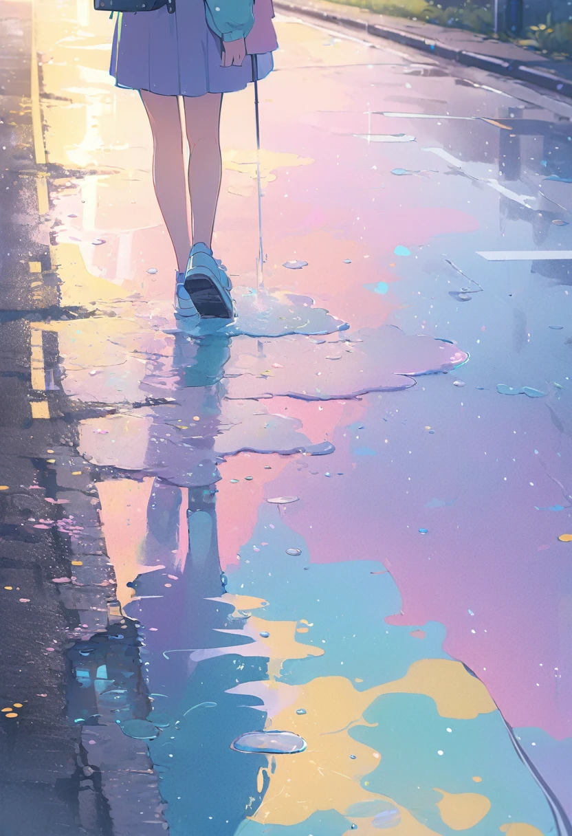 (Anime Style:1.4),A soft touch to painting、超High resolution, Attention to detail, high quality, High resolution, 最high quality, 4K, 8K,Road after the rain、Puddle and girl、Pastel color effect