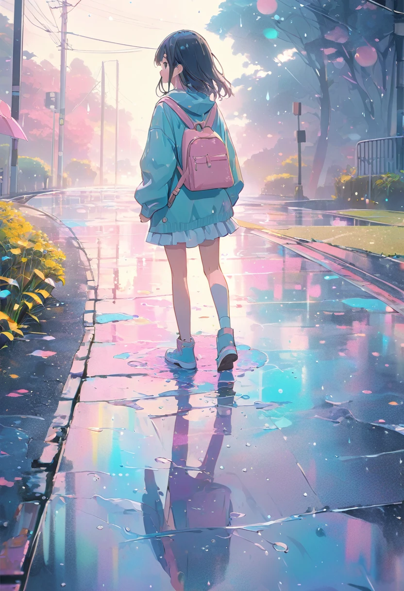 (Anime Style:1.4),A soft touch to painting、超High resolution, Attention to detail, high quality, High resolution, 最high quality, 4K, 8K,Road after the rain、Puddle and girl、Pastel color effect