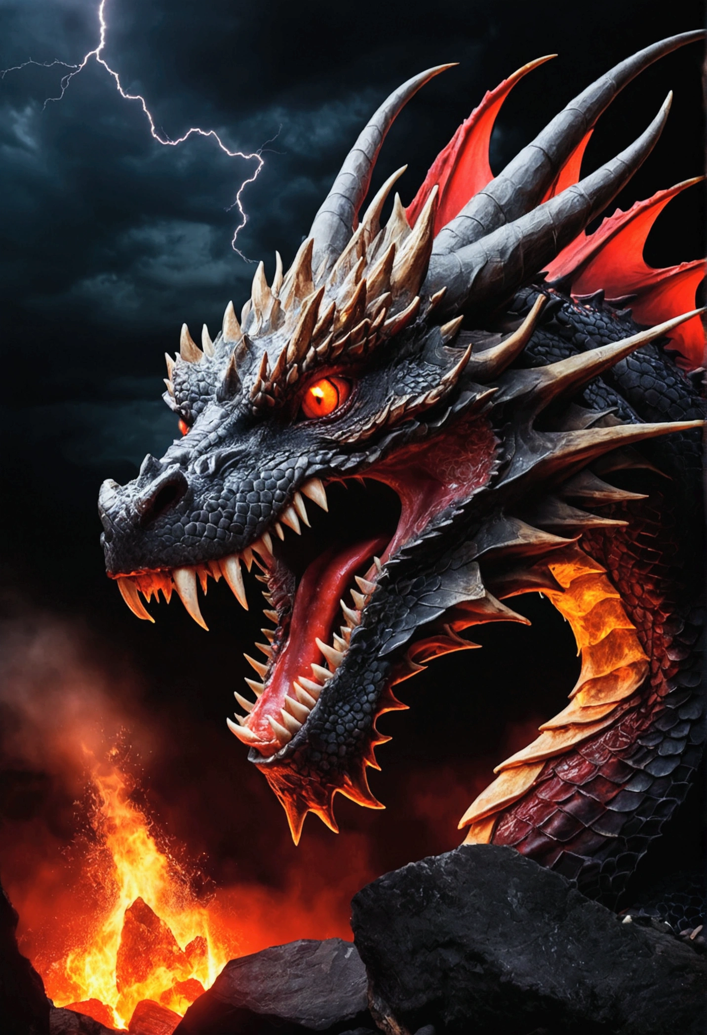 Dragon with red eyes fire in the mouth sharp teeth comes out from cave, sky with lighting and thunderstorm