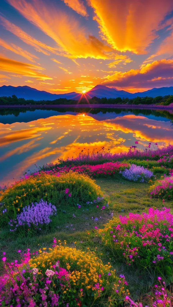 You can watch a beautiful sunset, The hills are covered with flowers and plants., Flowers are nearby, Colorful Sky, Surreal colors, Colorful sunset, Colorful Sky, Beautiful skyの反射, Beautiful sky, Fantastic atmosphere 8K, Multicolored clouds, Colors reflected in the lake, Surreal Sky, Red and blue reflections, Fire Reflection, Beautiful sky, beautiful and spectacular sunset, Beautiful dream landscape, Beautiful sky